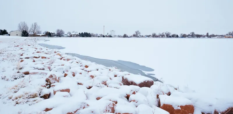 Windsor, Colorado skyline viewed from Lake Windsor in winter